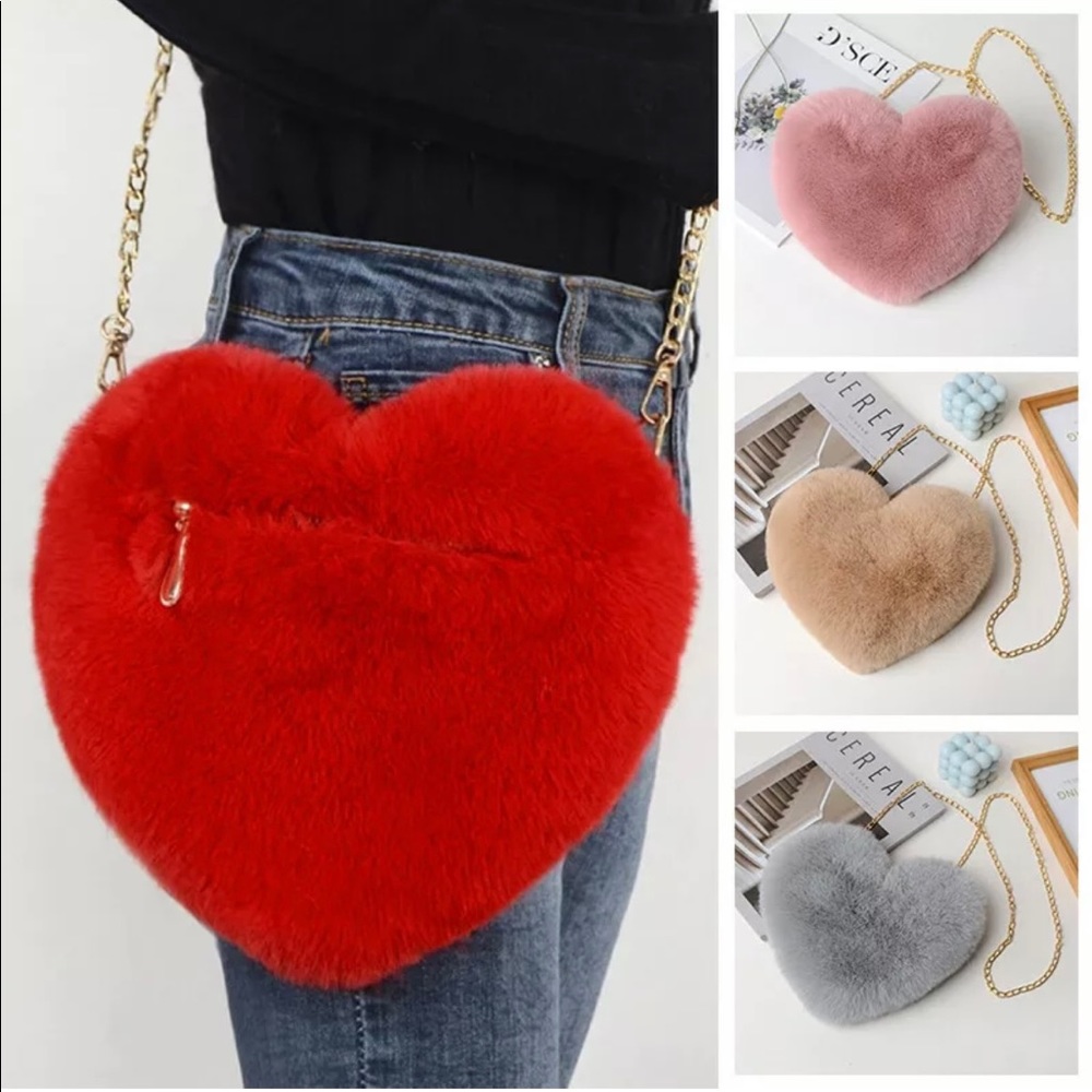 Womens Heart Shape Faux Fur Bag Shoulder
Handbag Crossbody Bag Purse Zipper